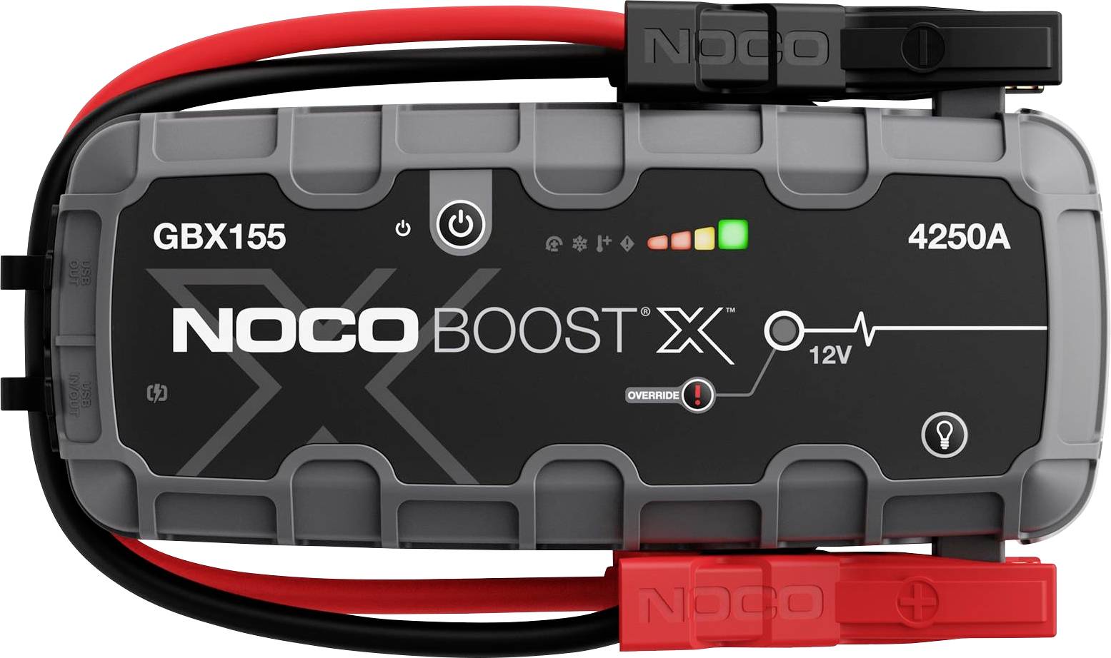 Spouštěč NOCO Boost X GBX155 12V s připojenými červenými a černými svorkami, označený 4250A, zobrazený z přední strany