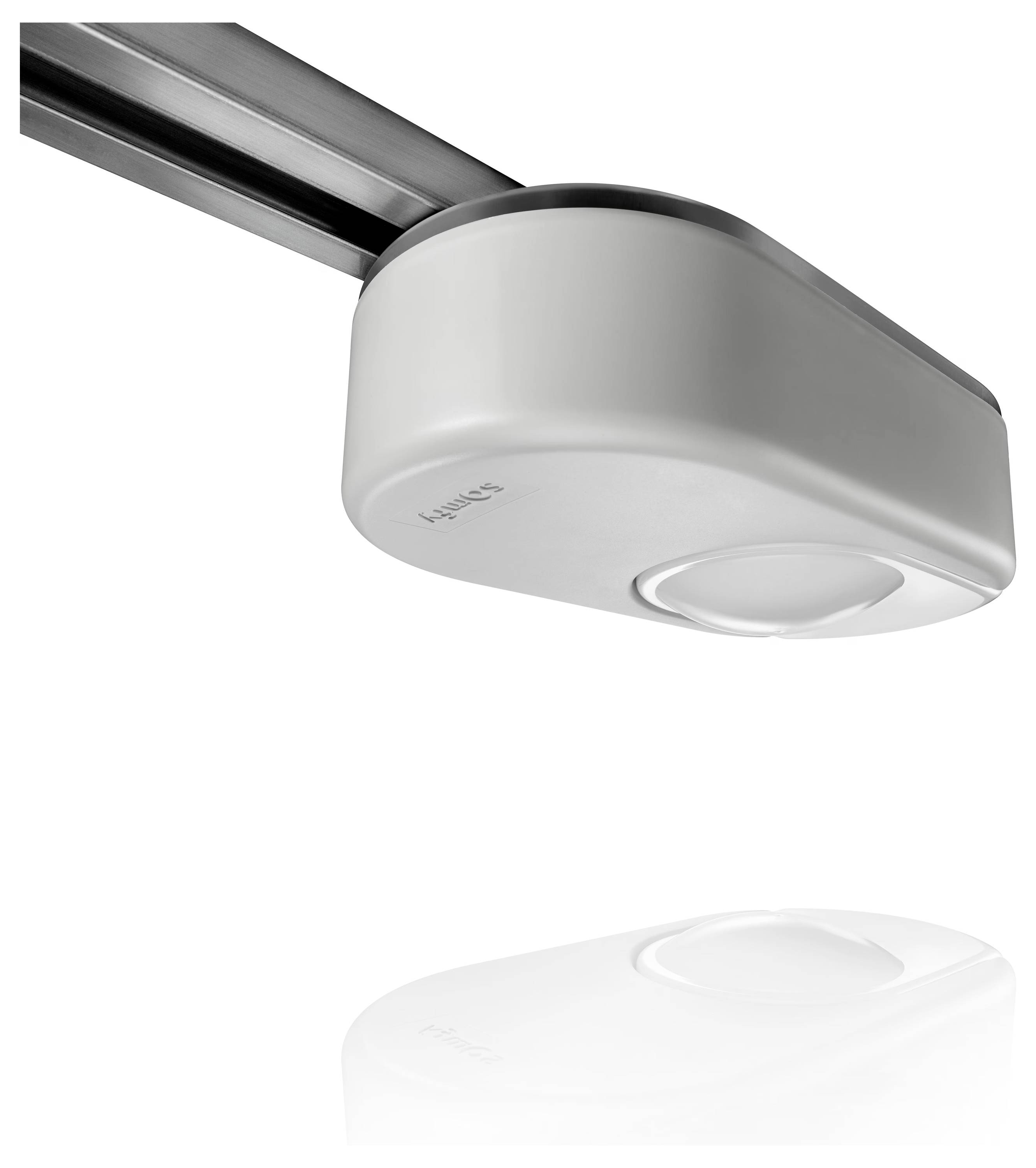 Motorna jednotka otvíráku garážových dveří Philips připevněná na stropnicí, zobrazená v šedých a bílých pohledech produktu.