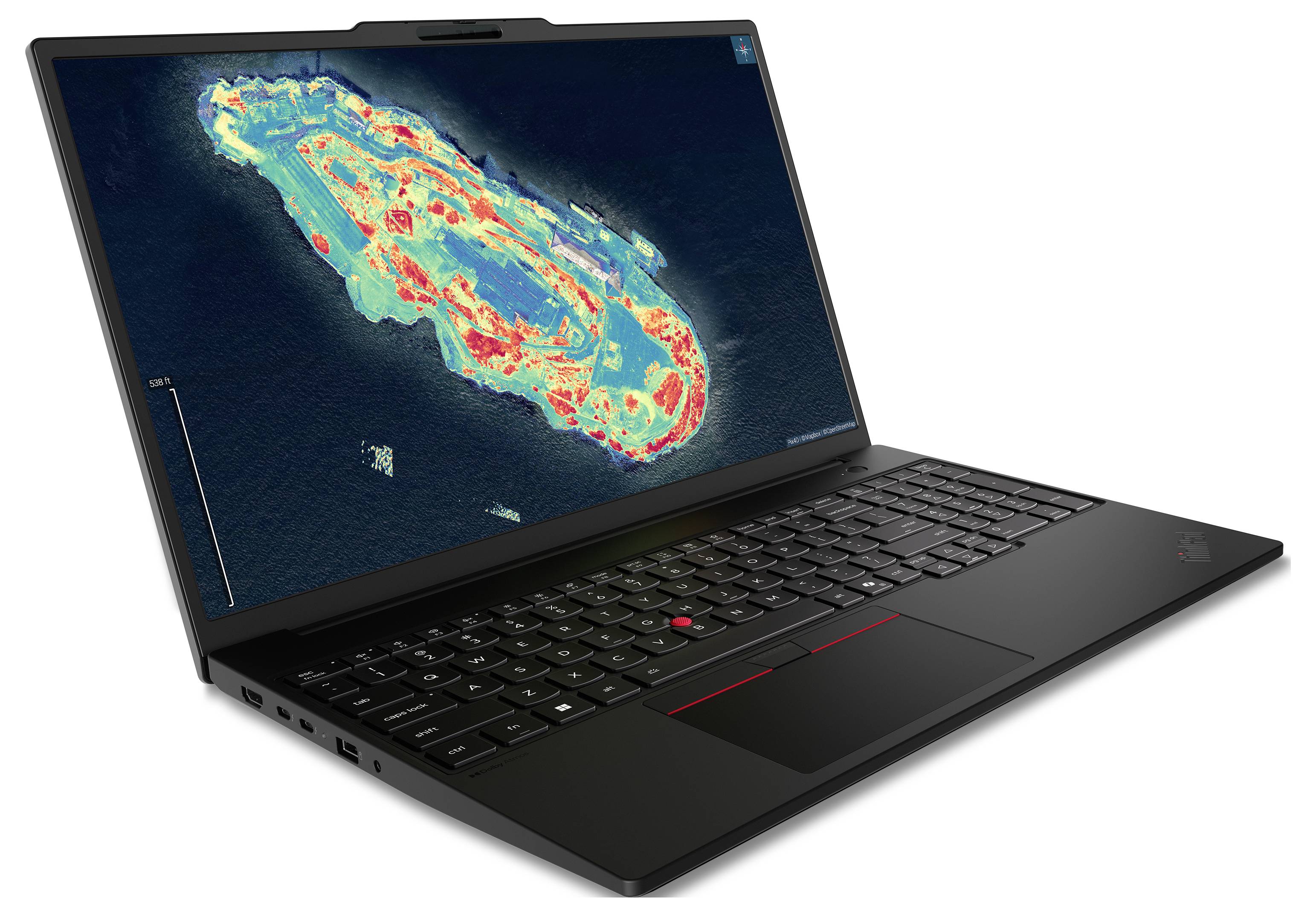 Černý laptop s barevnou mapou nebo heatmapou zobrazenou na obrazovce, pohled v úhlu proti bílému pozadí.