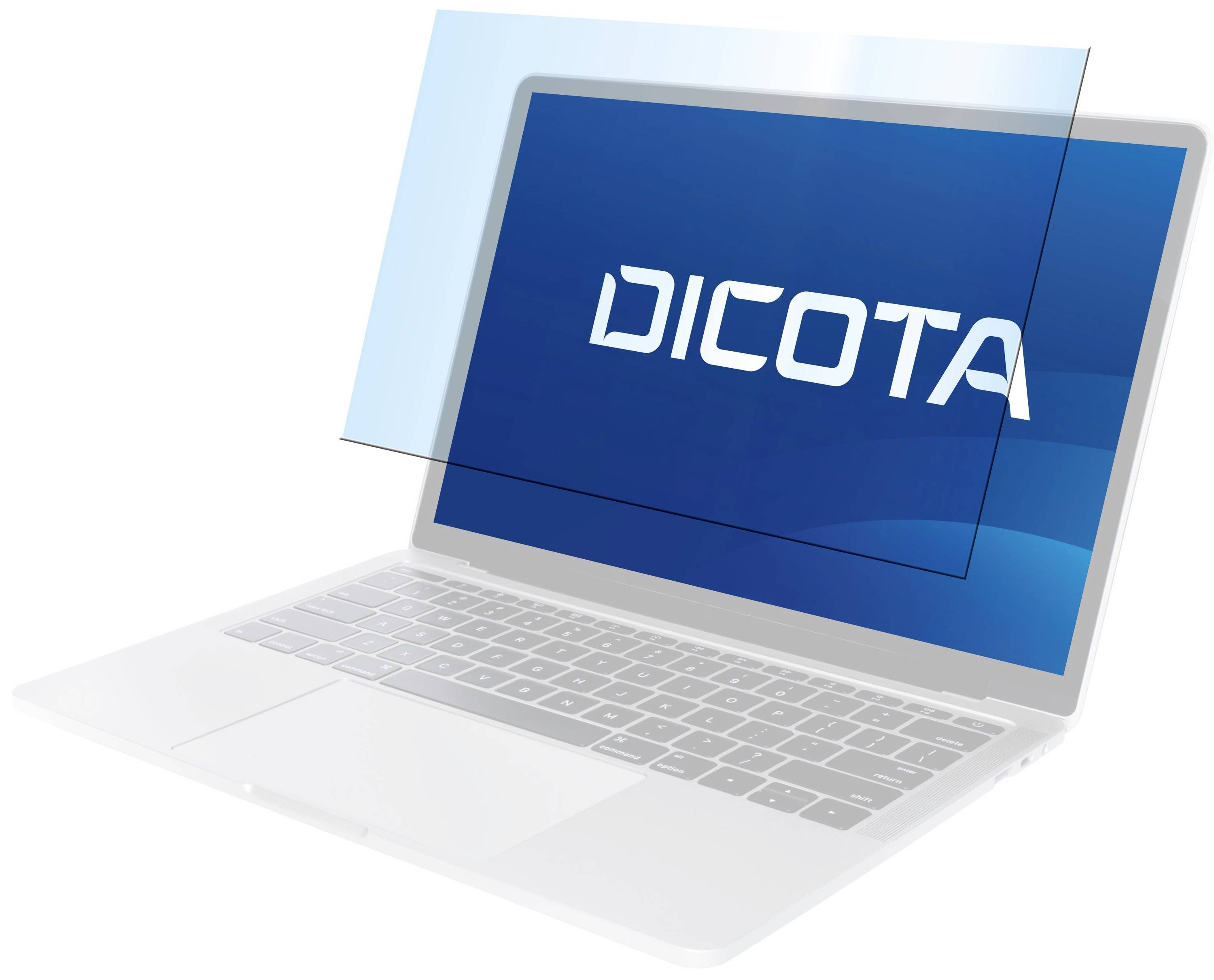 Laptop s modrou obrazovkou zobrazující logo 'DICOTA', se semi-transparentním překrycím obrazovky indikujícím filtr soukromí nebo displeje.