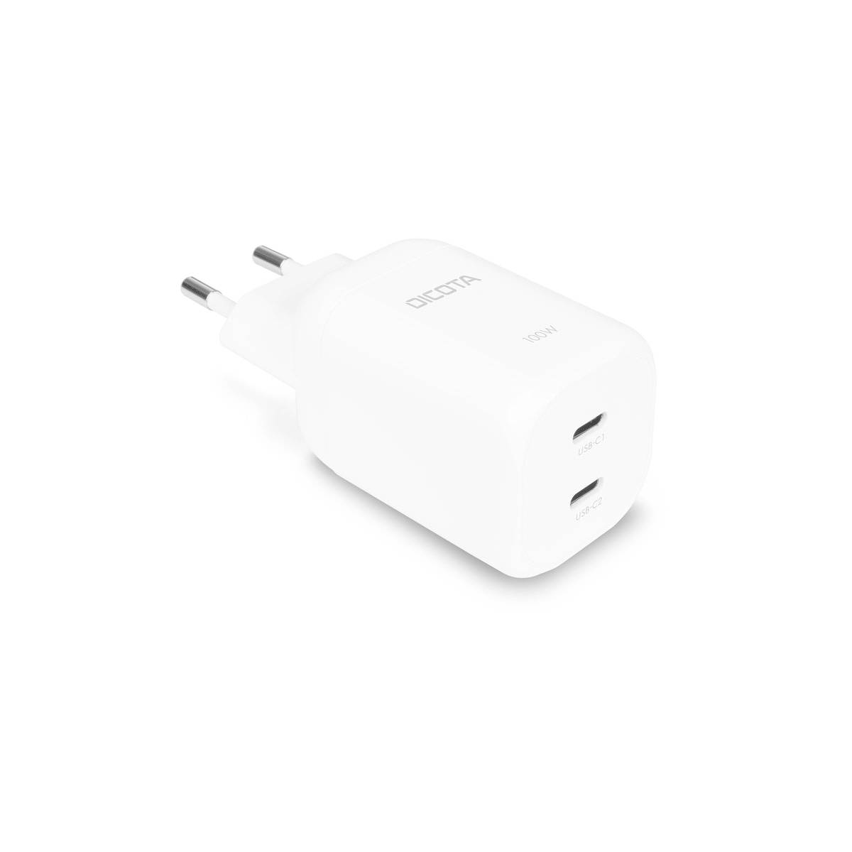 Bílá síťová nabíječka USB-C se dvěma kulatými kolíky a dvěma předními porty pro nabíjení.