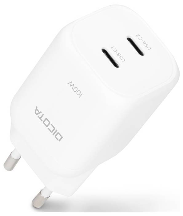 Bílá nabíječka DICOTA 100W do zásuvky s USB-C konektorem, se dvěma porty USB-C a evropskými zásuvkami.