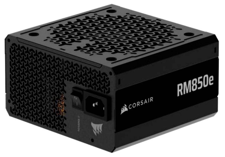 Corsair RM850e počítačový zdroj, černý obdélníkový PSU s větraliými stranami a značkou 'RM850e'.