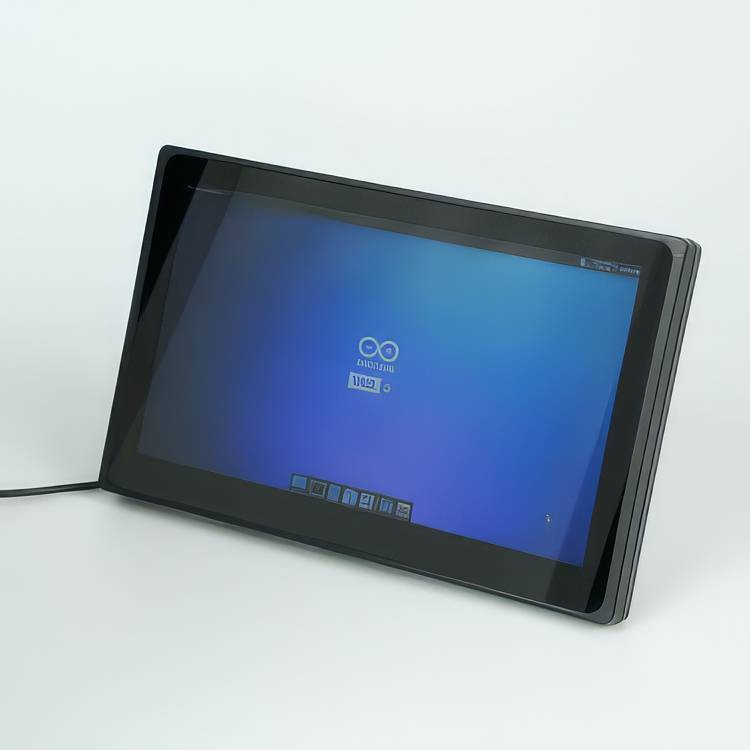 Dotykový tablet na bílém pozadí zobrazující modrá úvodní obrazovku Arduino IDE s logem nekonečna.