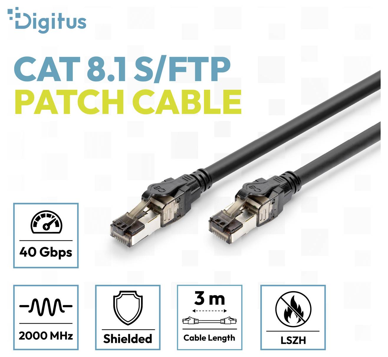 Produktová grafika CAT 8.1 S/FTP propojovacího kabelu zobrazující dva černé ethernetové konektory, označené 40 Gbps, 2000 MHz, stíněný, délka kabelu 3 m a LSZH.