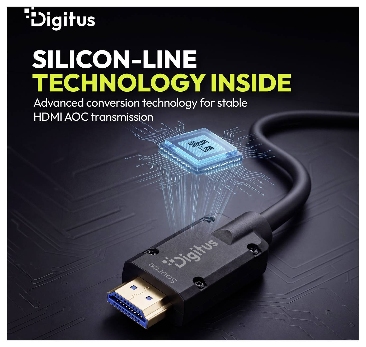 Digitus advertisement ukazuje černý HDMI AOC kabel se svítícím čipem, propagující technologii "SILICON-LINE TECHNOLOGY INSIDE" pro stabilní přenos HDMI.