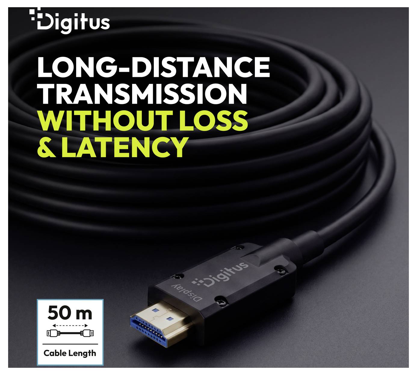 Digitus kabel propagující přenos na dlouhé vzdálenosti bez ztrát nebo latence; zobrazuje svitnutý kabel a konektor, označený „Délka kabelu 50 m".