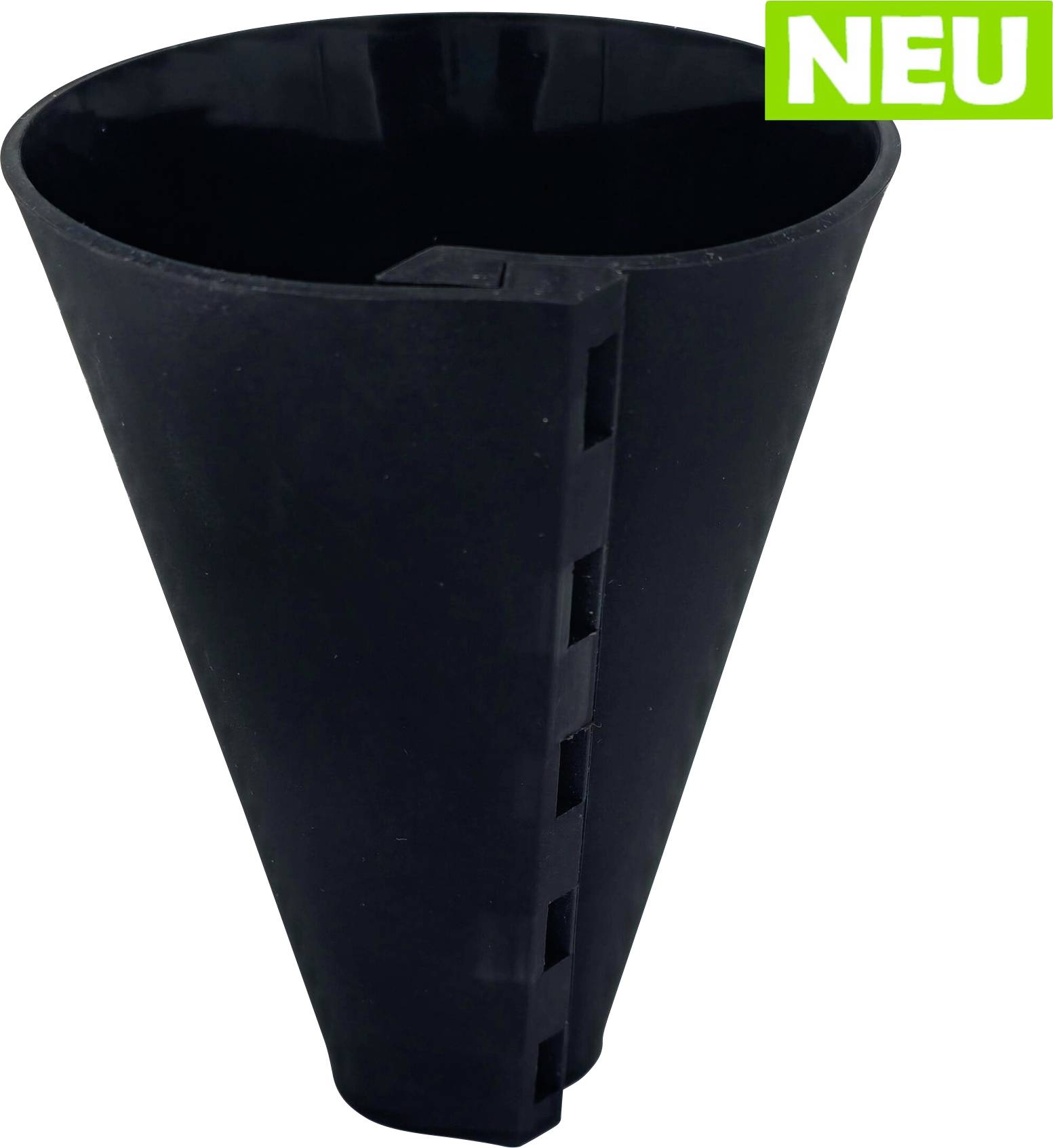 Černý zúžený plastový kužel s vertikální štěrbinou a zeleným štítkem "NEU" v rohu.
