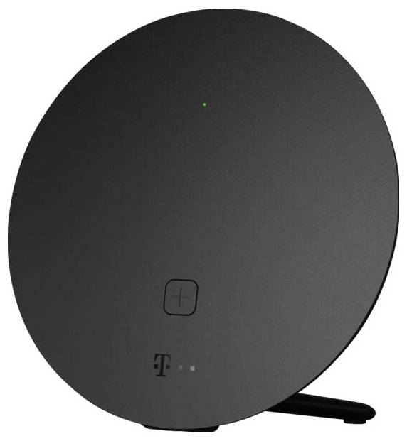 Černý kruhový modem/router T-Mobile s malou zelenou stavovou indikátorkou a logem, stojící na krátké podstavě.