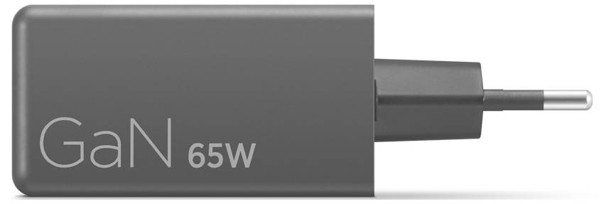 Šedá 65W USB-C nástěnná nabíječka GaN s evropskou dvoupinovou zástrčkou.