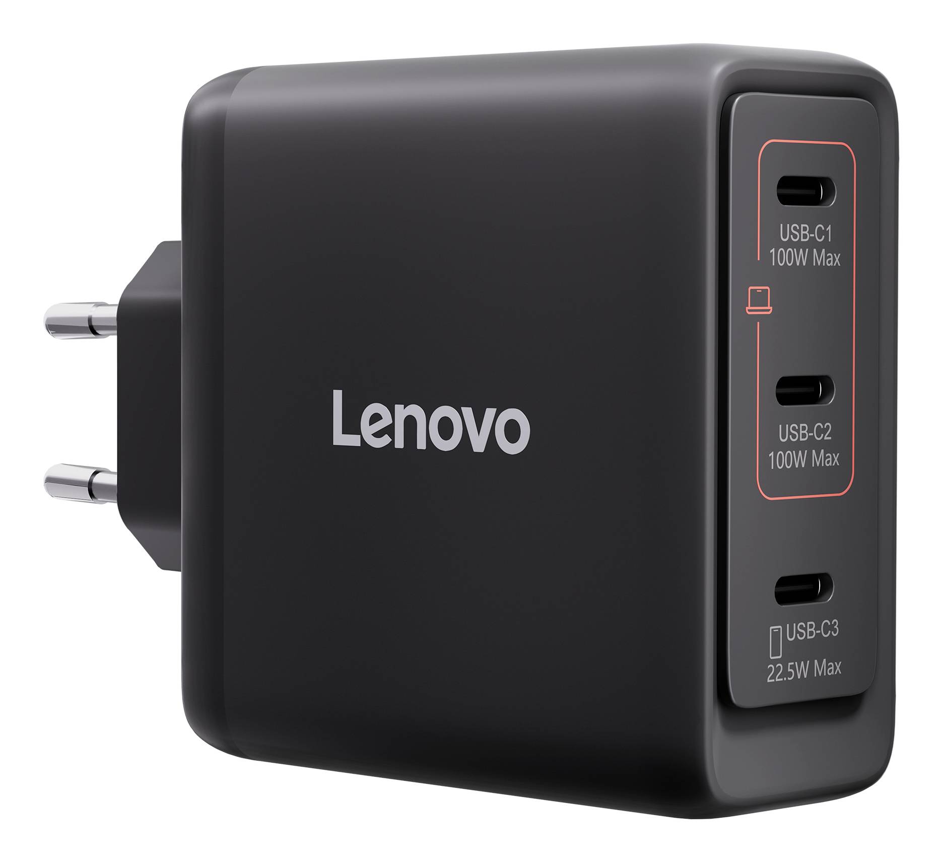 Nabíječka Lenovo na zeď s vidlicí EU a třemi porty USB-C označenými USB-C1 100W Max, USB-C2 100W Max a USB-C3 22,5W Max.