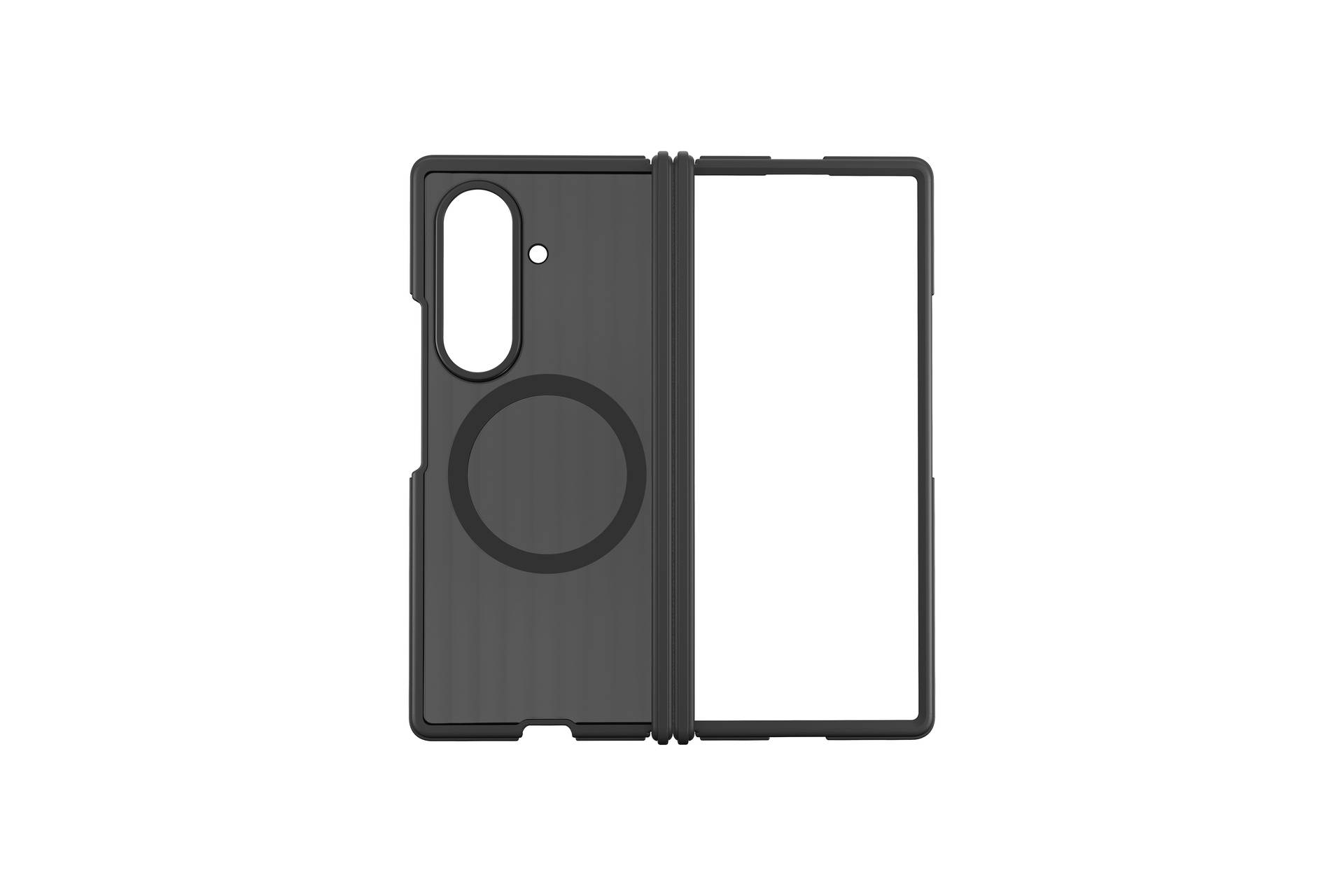 Černé skládací pouzdro na telefon zobrazené v otevřené poloze s výřezem pro fotoaparát a kruhovou gripu na zadním panelu.