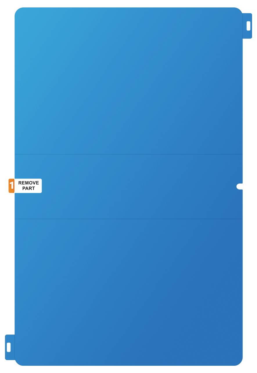 Modrý izolační panel se záložkami a bočními drážkami, zobrazený jako číslovaný krok označený '1 VYJMOUT ČÁST' vlevo.