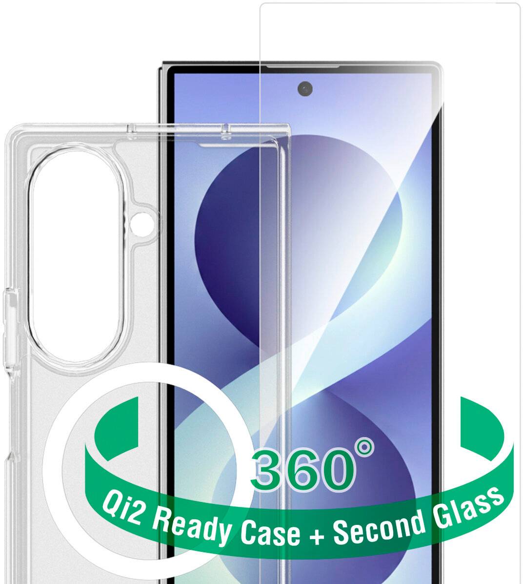 Kryt na smartphone s přiloženou ochrannou fólií na obrazovku, označený jako „Qi2 Ready Case + Second Glass" a „360°".