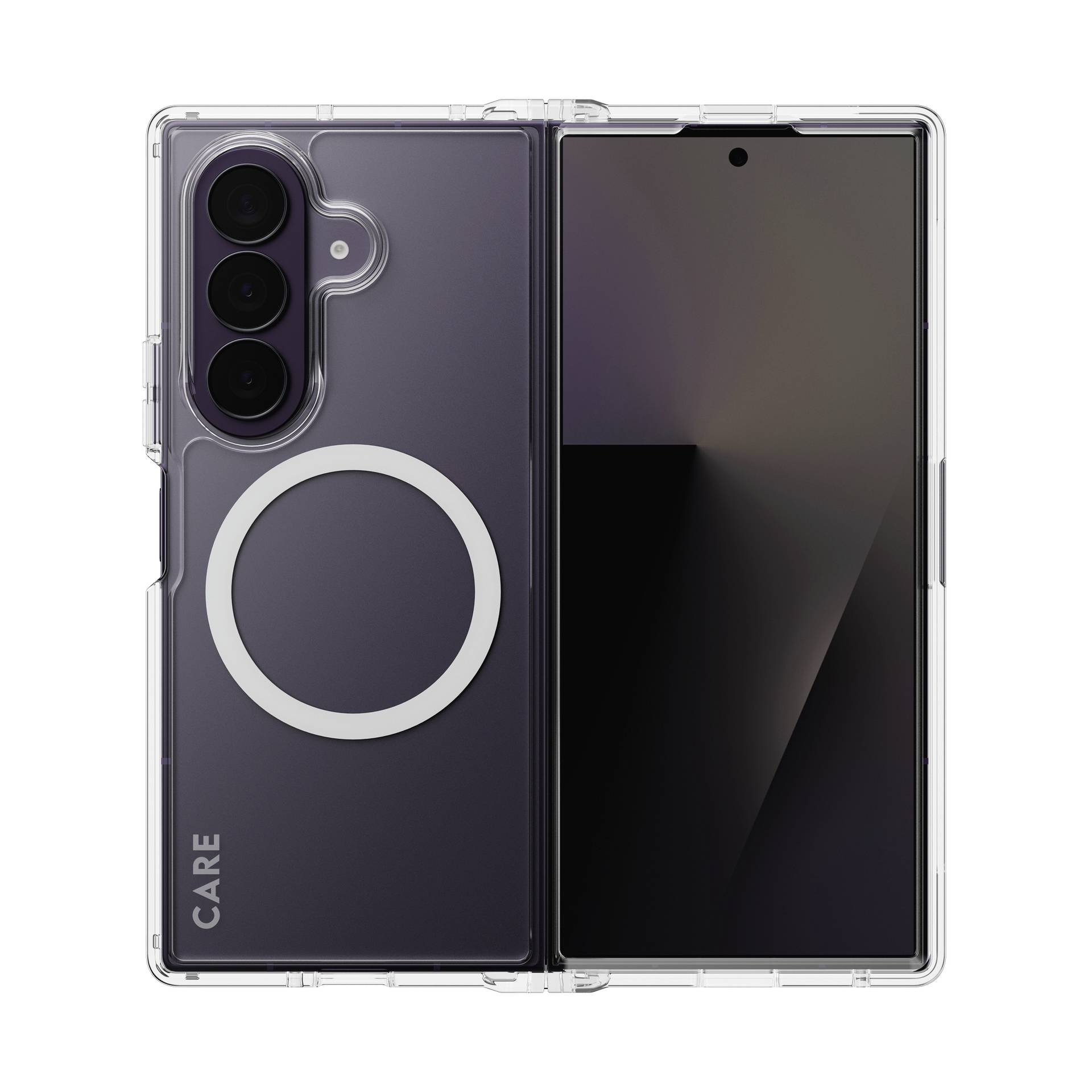 Skládací smartphone v průhledném pouzdře, zobrazený otevřený zepředu i zezadu, s velkým bílým kruhovým magnetickým kroužkem MagSafe stylu na zadní straně a trojitou kamerou.