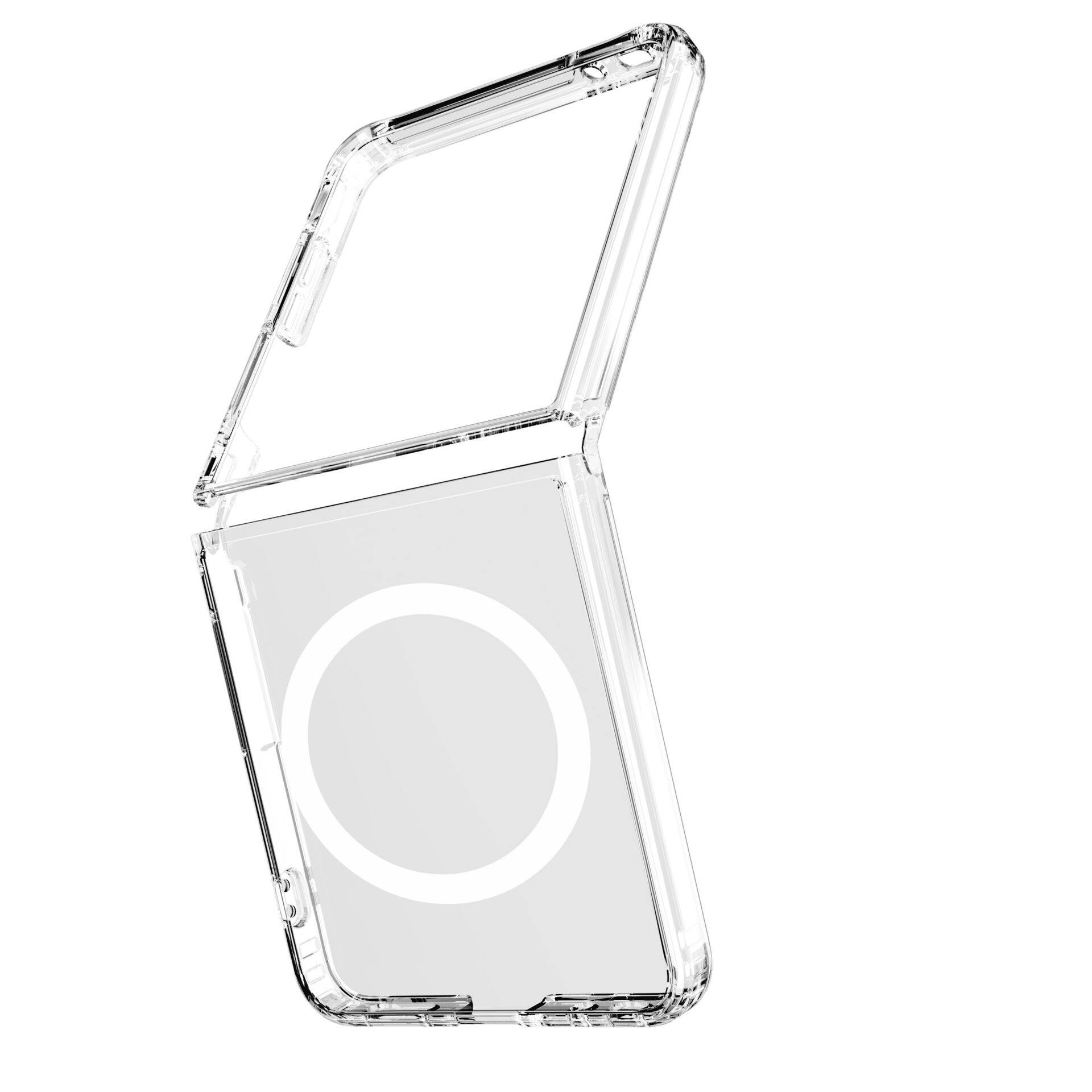 Průhledné skládací pouzdro na telefon zobrazené v otevřeném stavu s kulovitým magnetickým kroužkem ve stylu MagSafe na zadní straně.
