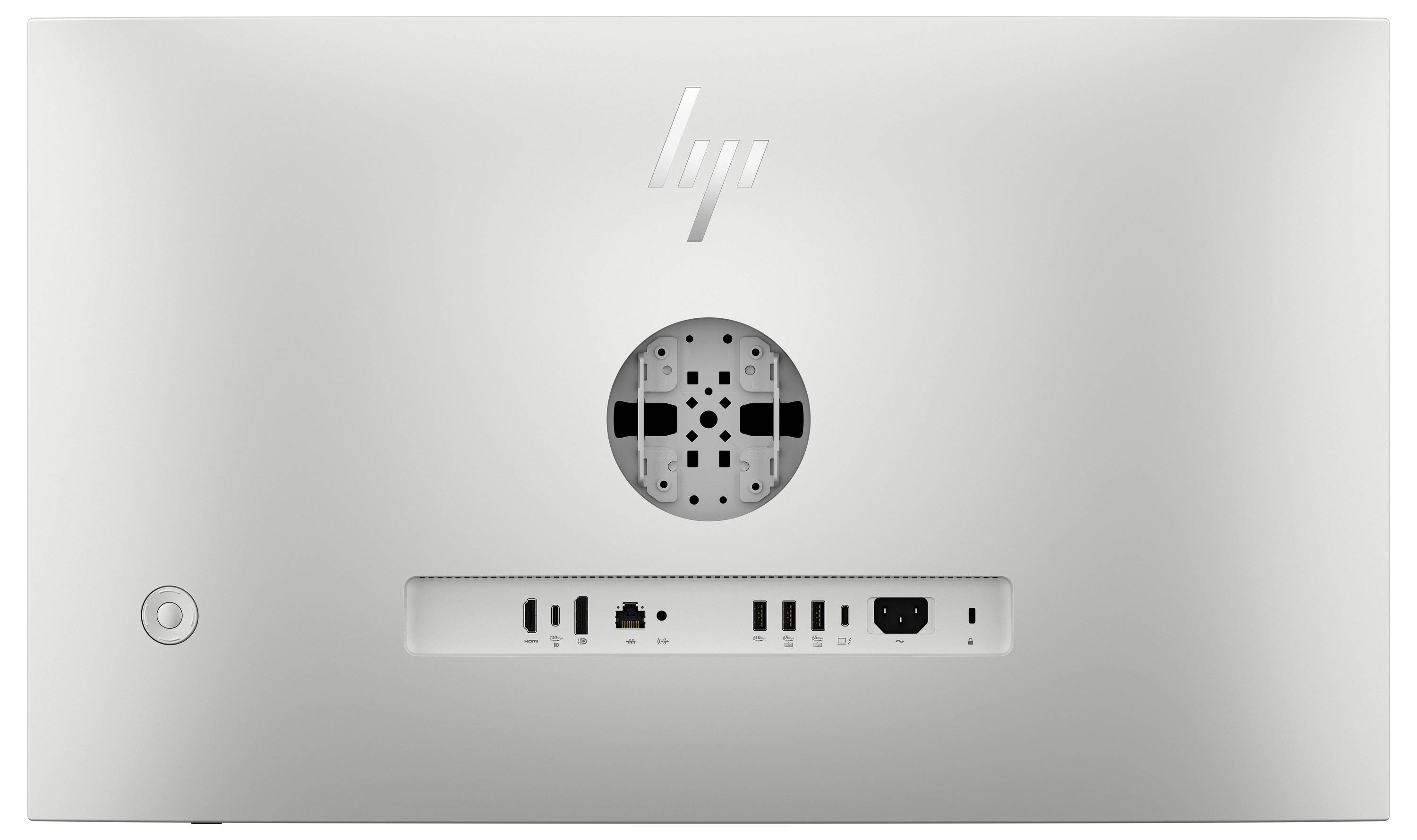 Zadní pohled na HP all-in-one desktop zobrazující kruhový podstavec a zadní porty I/O na stříbrném panelu.