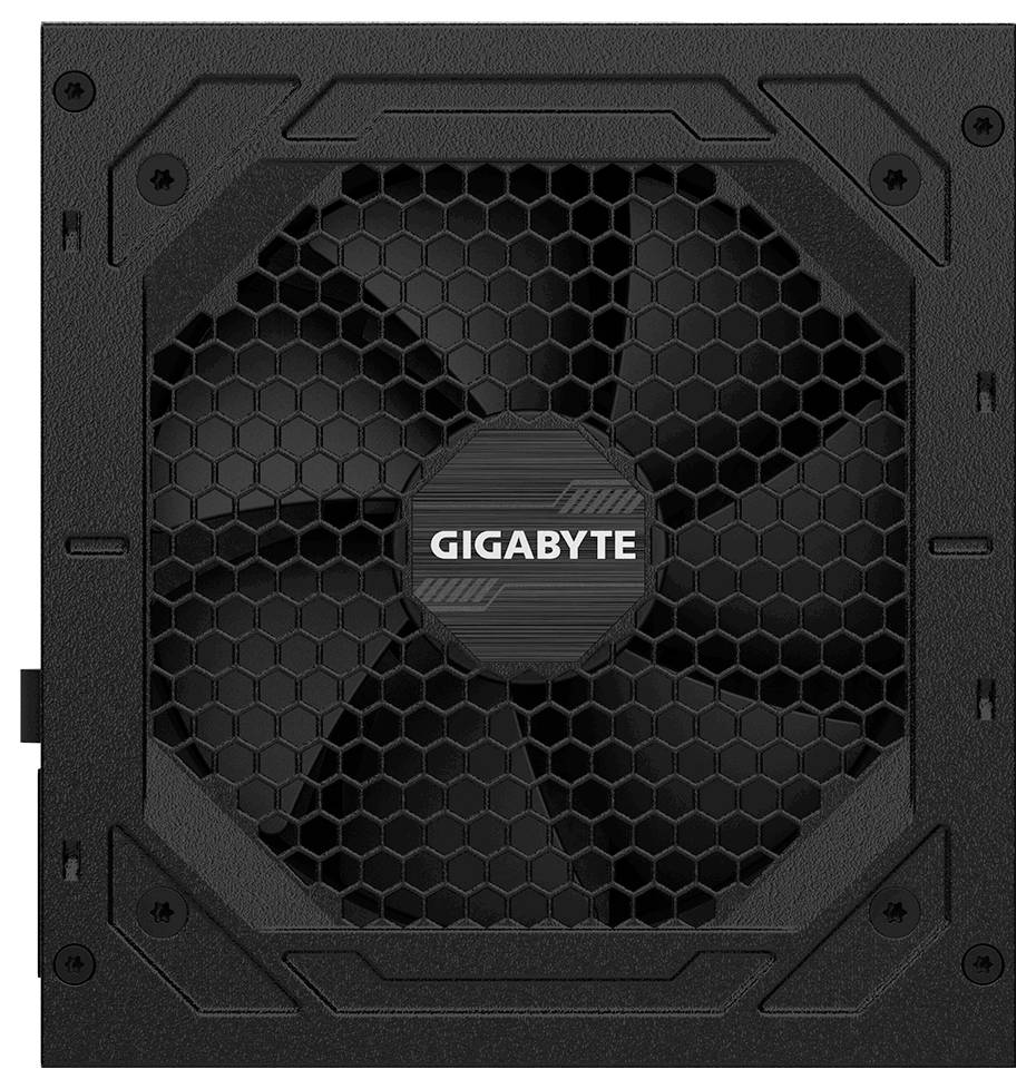 Černý chladicí ventilátor počítače GIGABYTE s šestihrannou drátěnou mřížkou a čtvercovým rámem, zobrazený zepředu.