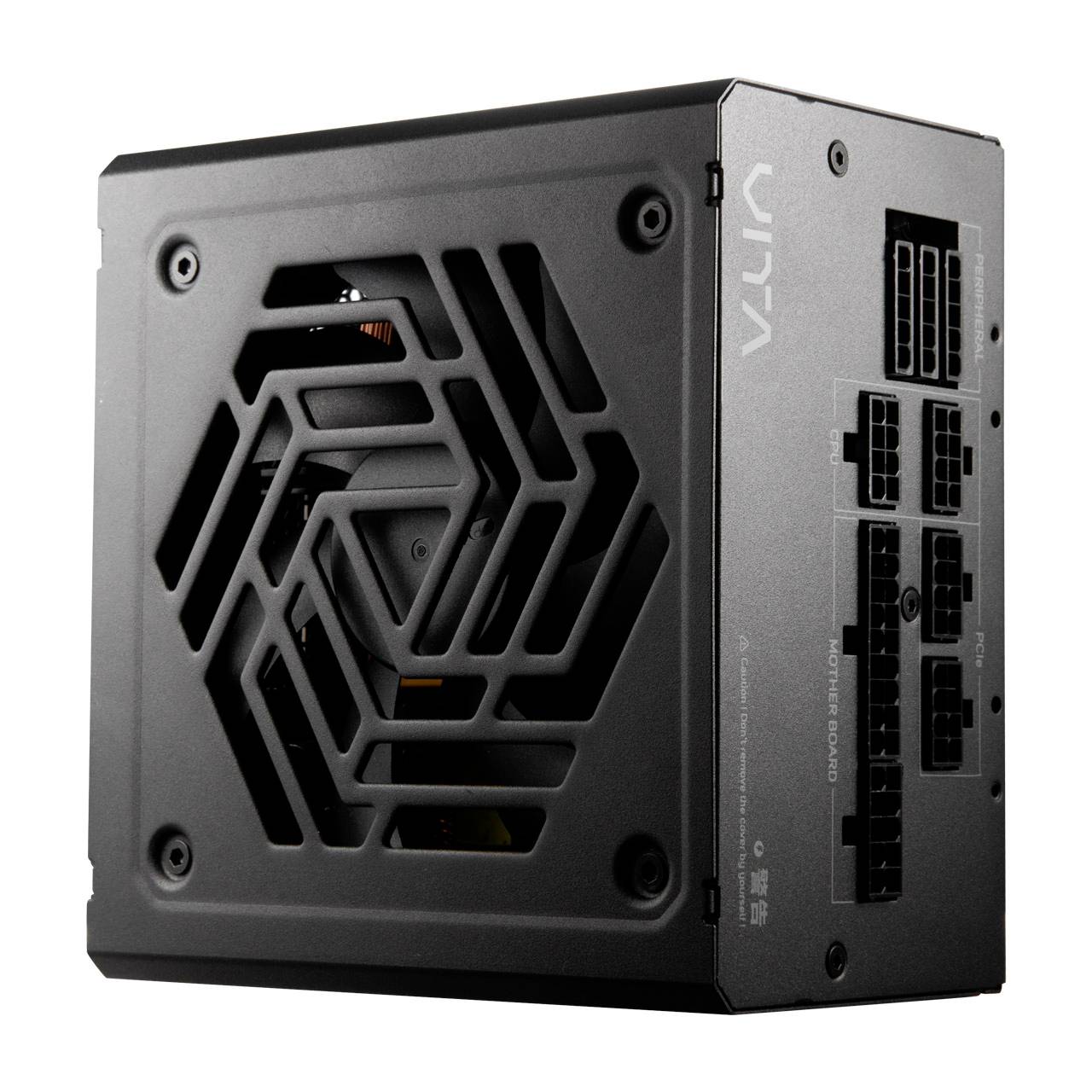 Černý modulární zdroj počítačového napájení s větranými mřížkami ventilátoru a více porty pro kabely na straně.