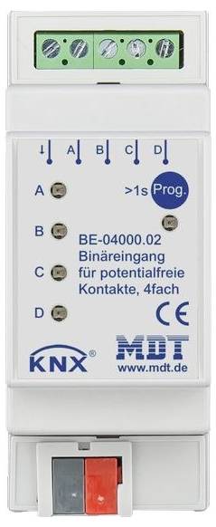 KNX MDT binární vstupní modul označený 'BE-04000.02' se čtyřmi bezpotenciálovými kontakty a červeným/šedým přepínačem v dolní části.