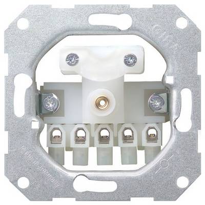 Detailní snímek kovového elektrického zásuvkového vložka se montážním rámem a šroubovacími svorkami.