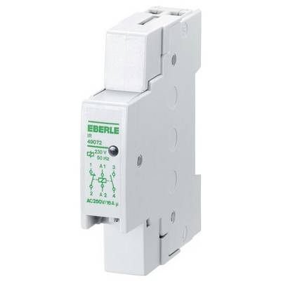 Bílý DIN-lišta elektrické relé označené "EBERLE IR 49072", ukazující 230V AC 50 Hz a svorkové svorky na přední straně.