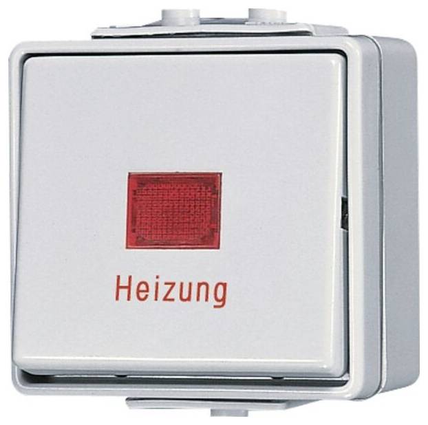 Bílý nástěnný spínač s označením "Heizung" a červenou signální lampičkou, pravděpodobně pro ovládání topení.