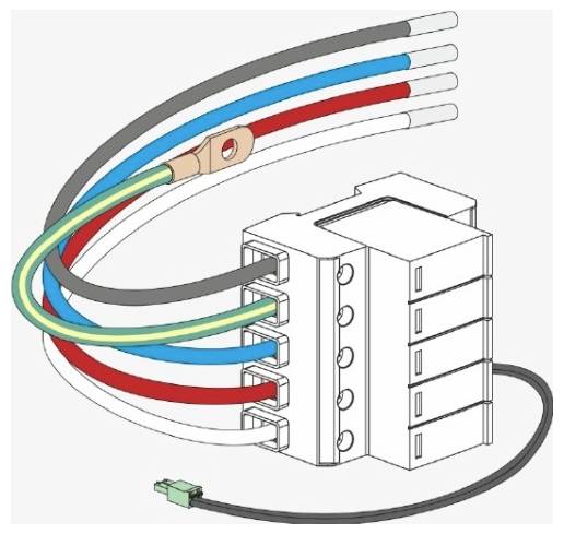 Ilustrace vícevodičového elektrického konektoru s barevně označenými kabely vloženými a uzemňovacím vodičem, znázorňující zapojení vodičů a svorky.