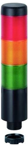 Skládaná průmyslová signální věž s červeným, jantarovým a zeleným světlem s černou základnou a samostatným montážním kroužkem pod ní.