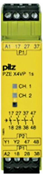 Žlutý relé modul Pilz označený PZ X4VP 1s se značením svorek a indikátory kanálů CH 1 a CH 2.