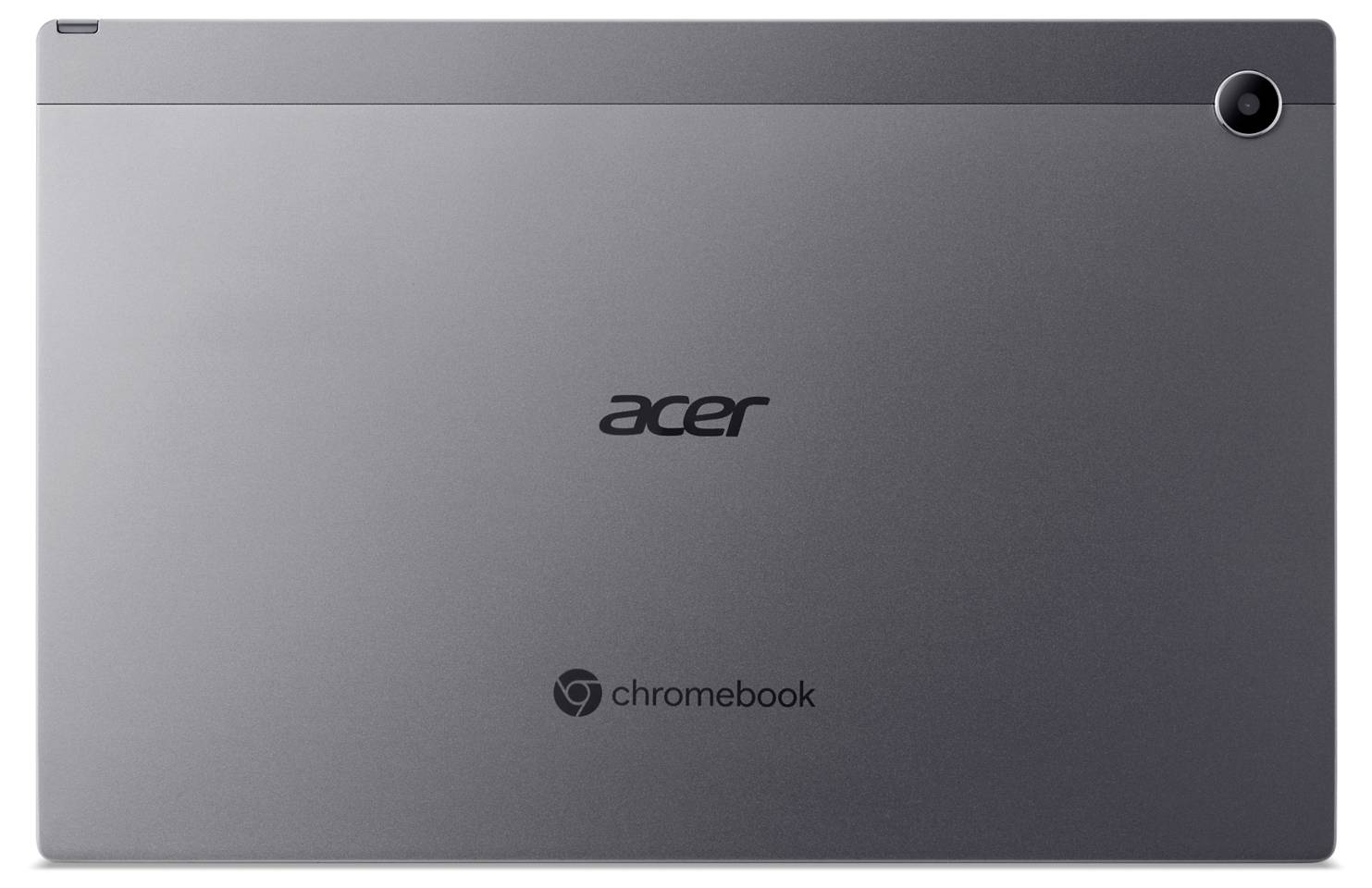 Zavřený stříbrný Acer Chromebook pohled zezadu s logy Acer a Chromebook a zadní kamerou v pravém horním rohu.