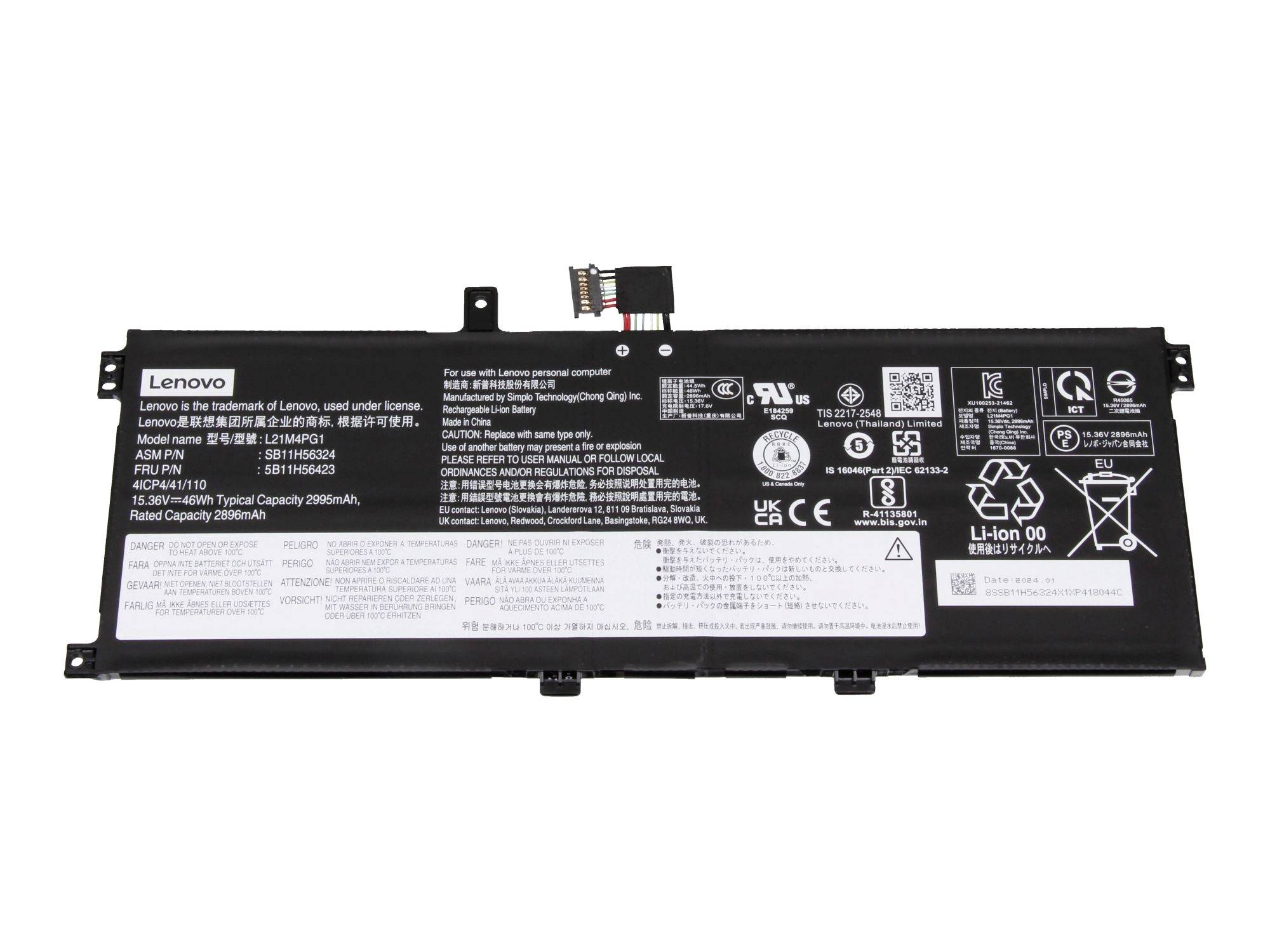 Bateriový balíček notebooku Lenovo s vytištěnými specifikacemi a bezpečnostními symboly na černém obdélníkovém pouzdru.