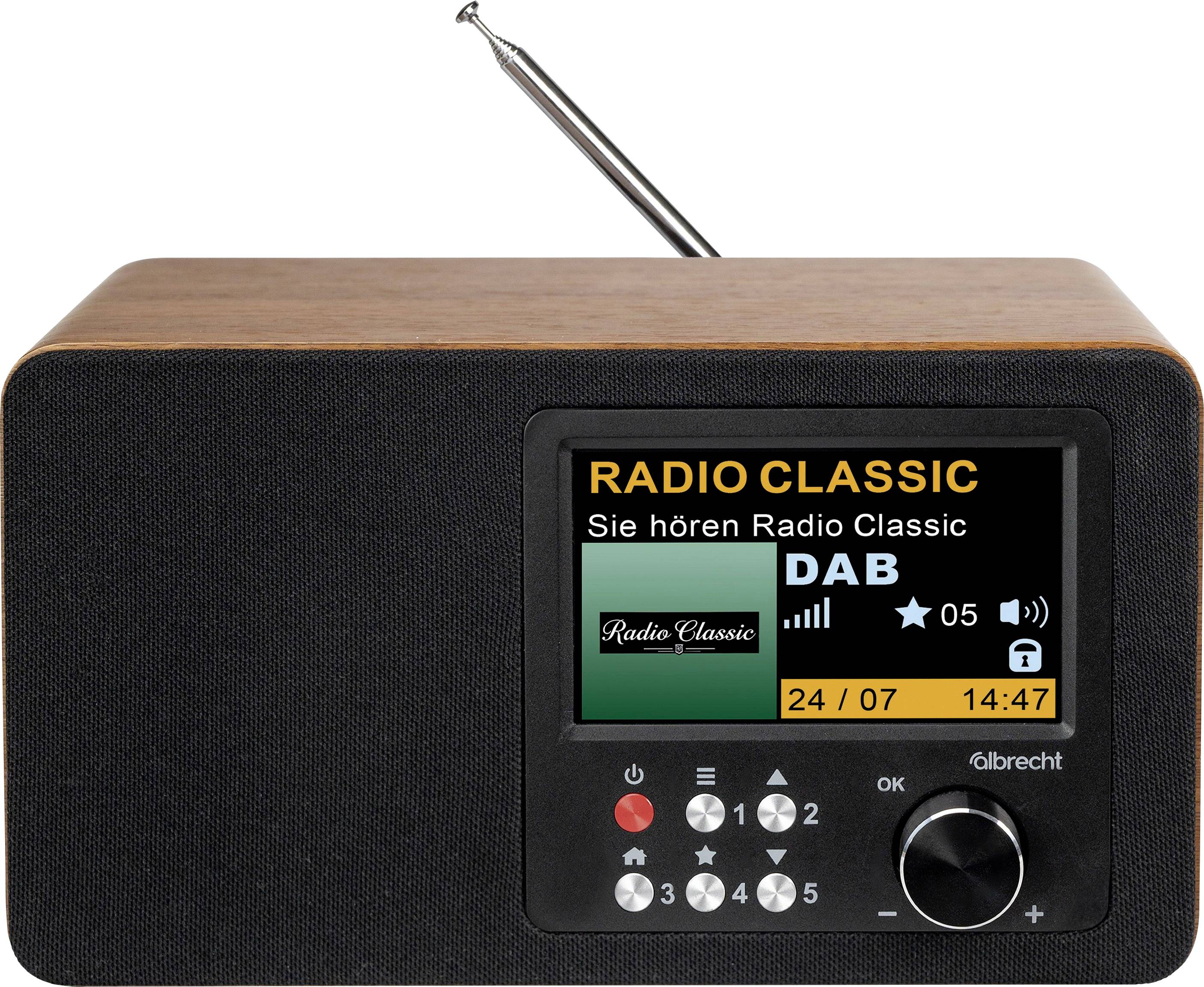 Černé stolní rádio s anténou a barevným displejem zobrazujícím "RADIO CLASSIC" a informace o stanici DAB, s tlačítky pro ladění a regulátorem hlasitosti.