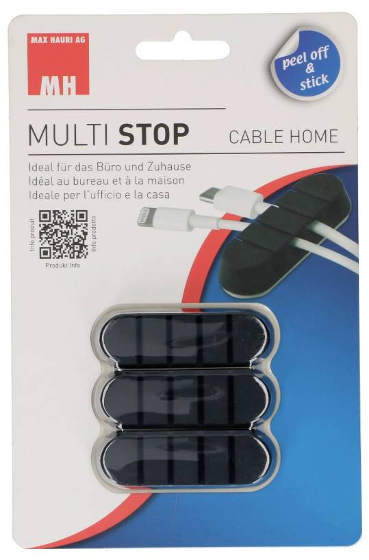 Balení pro držák kabelů "MULTI STOP" od MH/Max Hauri AG, s odlepovacím lepidlem, na přední straně jsou zobrazeny tři černé svorky na kabely.