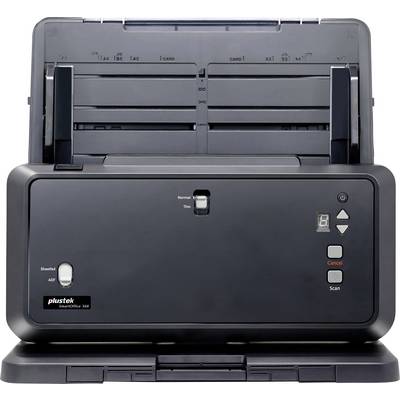 Přední pohled na skener Plustek SmartOffice s podavačem dokumentů, ovládacími tlačítky a zásobníkem papíru