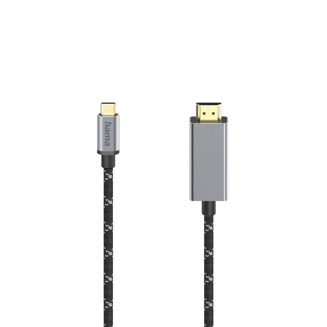 Dva konce kabelu na bílém pozadí: konektor USB-C a větší konektor ve stylu HDMI na pletencovém černém kabelu.