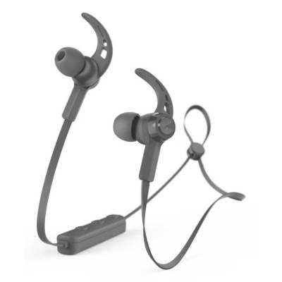 Dvě černé bezdrátové in-ear sportovní sluchátka s ušními háčky, propojená náramkem a vestavěným ovládacím modulem.