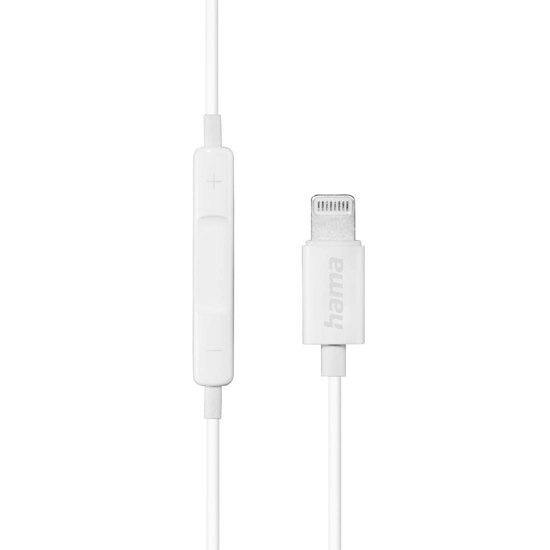 Bílá drátová sluchátka s vestavěným ovládáním hlasitosti a konektorem Lightning, zobrazená na jednoduchém bílém pozadí.