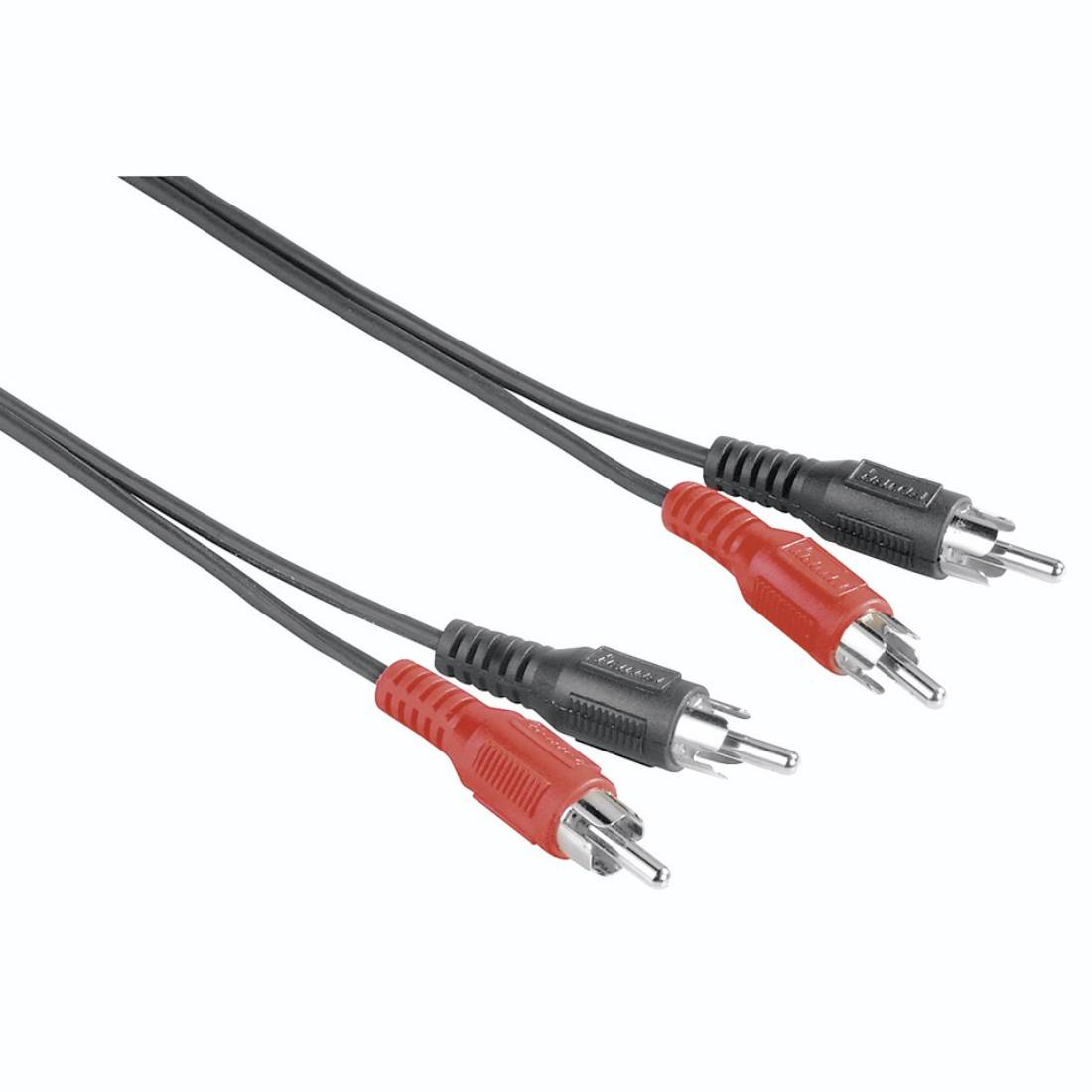Dva páry RCA audio kabelů s červenými a černými samčími konektory na bílém pozadí.