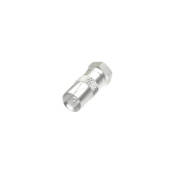Stříbrný koaxiální kabelový konektor s adaptérem, šestihrannou maticí a vroubkovaným úchopem, znázorněný izolovaně na bílém pozadí.