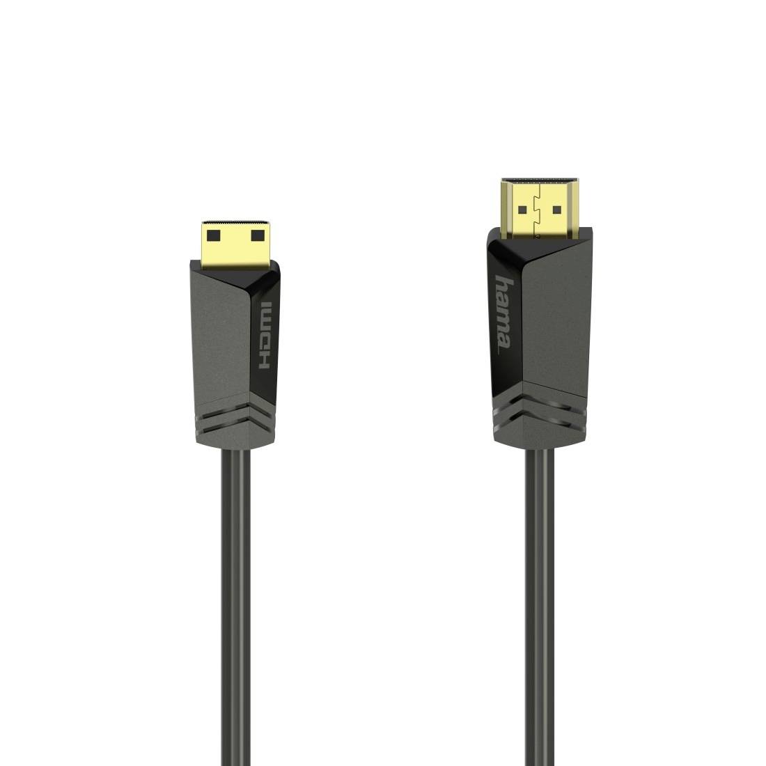 Dva černé kabely HDMI se zlatými konektory zobrazené svisle na bílém pozadí, jeden označený "HDMI" a jeden "hama".