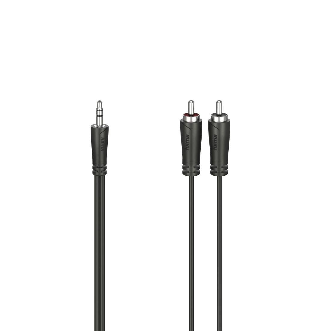 Tři černé audio kabely s 3,5 mm konektory samec, včetně jednoho jednoduchého konektoru a jednoho Y-rozdělujícího kabelu se dvěma konektory.