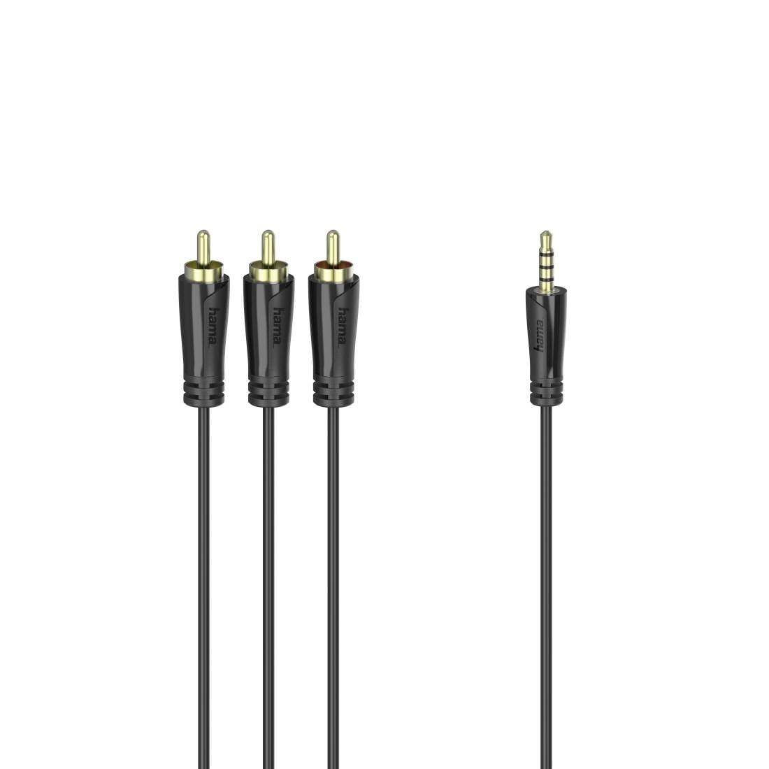 Audiokabel se třemi konektory RCA na jedné straně a 3,5mm audio jackem na druhé straně, určený pro připojování zařízení k reproduktorům nebo stereofonním systémům.