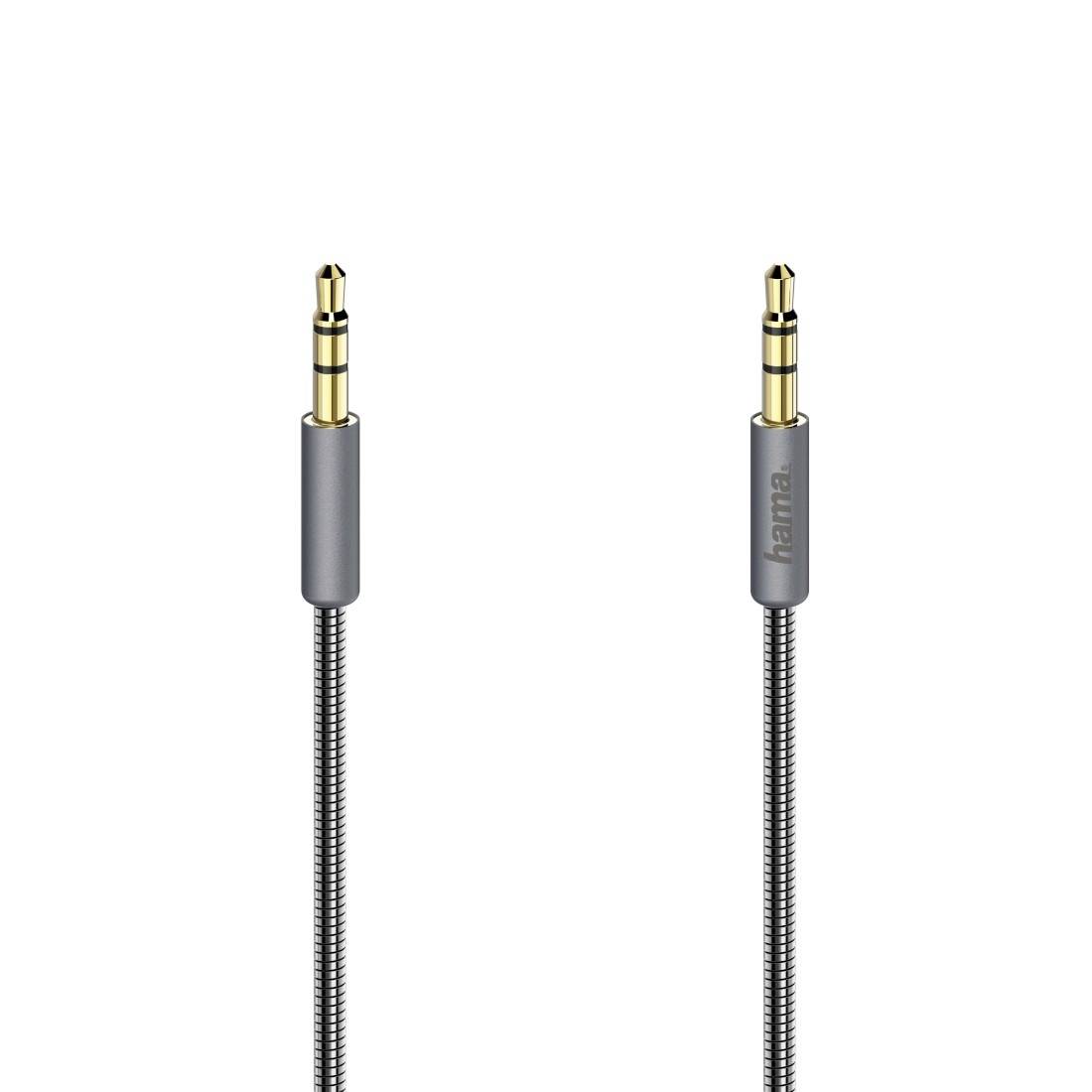 Dva 3,5mm audio konektor kabely zobrazené vedle sebe, jeden prostý a jeden označený "Hama", na bílém pozadí.