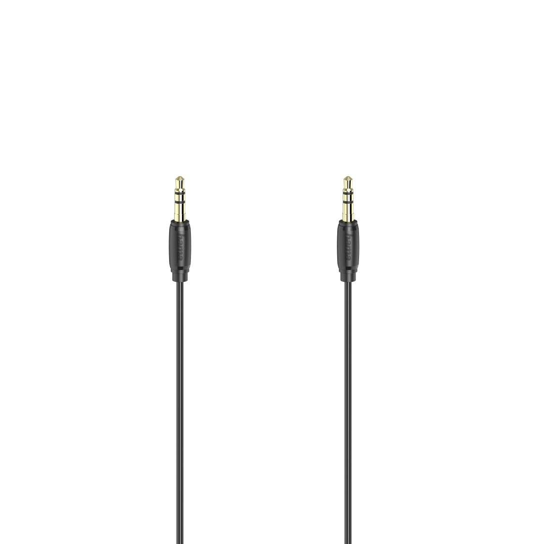 Dva černé audio kabely 3,5 mm se zlatě pokovovanými samčími konektory zobrazené vedle sebe na bílém pozadí.