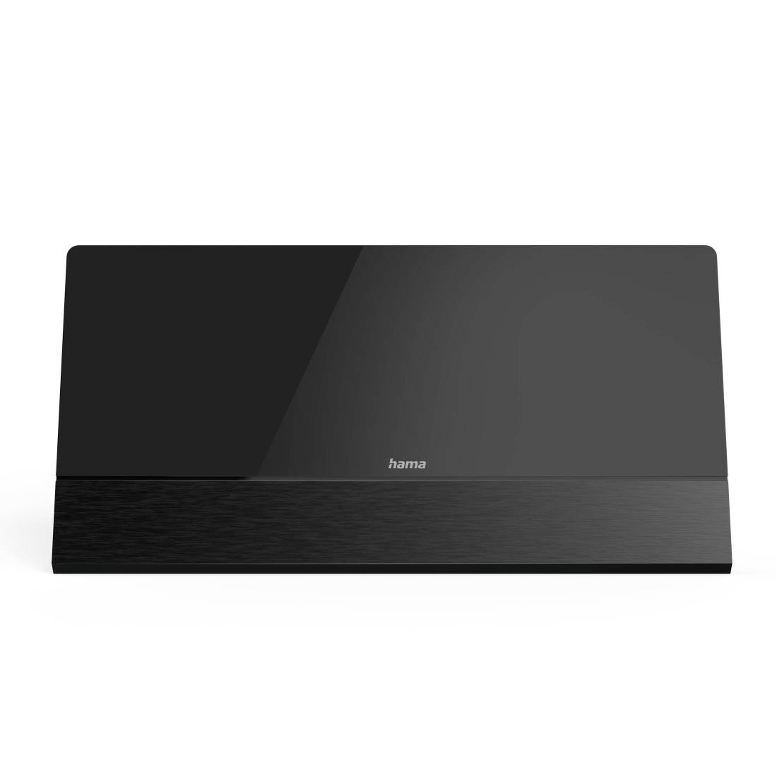 Černé elektronické zařízení Hama nebo reproduktor s lesklou přední stranou a kartáčovaným spodním panelem, zobrazeno na bílém pozadí.