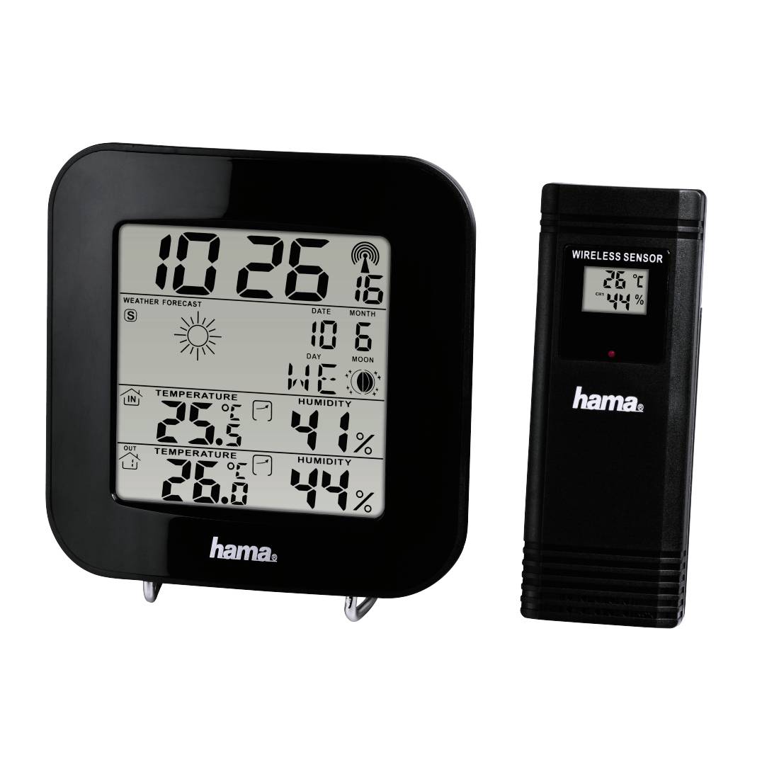 Meteostanice Hama s digitálními hodinami, prognózou počasí, datem, displejem vnitřní a venkovní teploty a vlhkosti vzduchu, plus bezdrátový senzor.