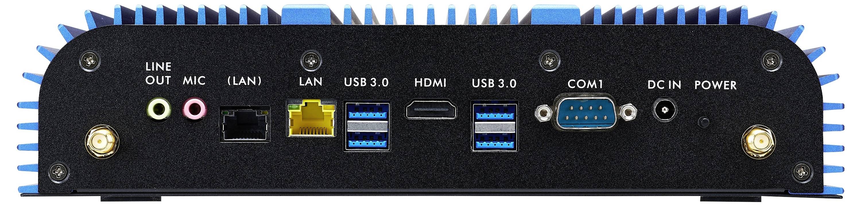 Zadní panel malého počítače nebo mediálního zařízení s označenými porty: line out, mic, LAN, USB 3.0, HDMI, COM1, DC in a napájení.