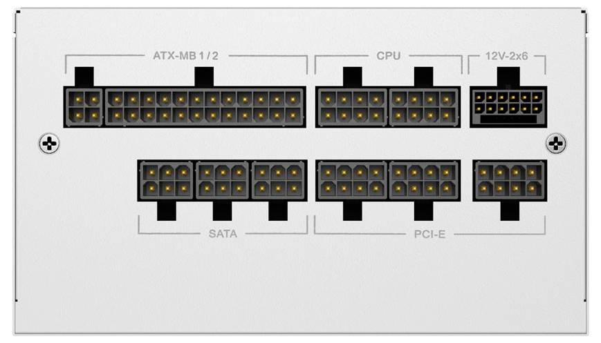 Panel modulárního napájecího kabelu s popisanými porty: ATX-MB 1/2, CPU, 12V-2x6, SATA a konektory PCI-E.