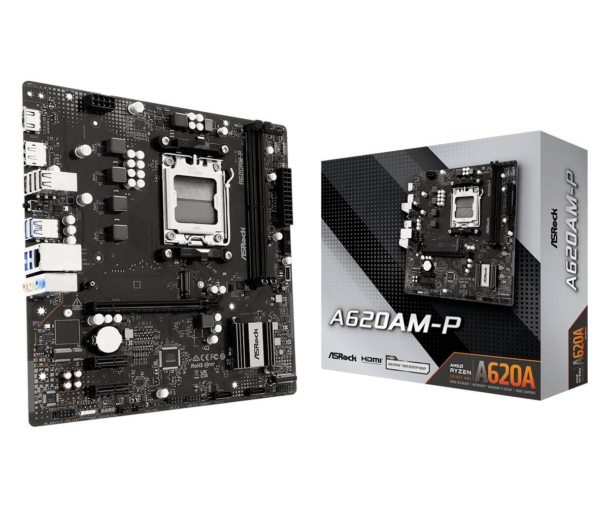 Obrázek produktu základní desky ASRock A620AM-P zobrazený vedle její krabice v maloobchodním balení, označený pro platformu A620A/AM5.
